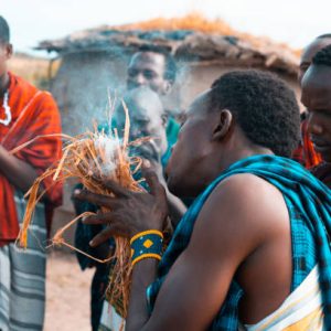 Masai warriors dancing traditional jumps as cultural ceremony, review of daily life of local people on March 9, 2020. Tanzania.