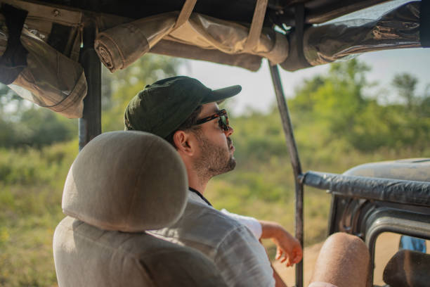 Young man in jeep on safari, Yala National Park